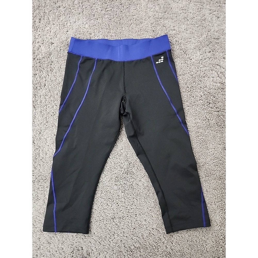 BCG Capri Leggings Womens M Black Purple Contrast Waistband Piping Lines Active